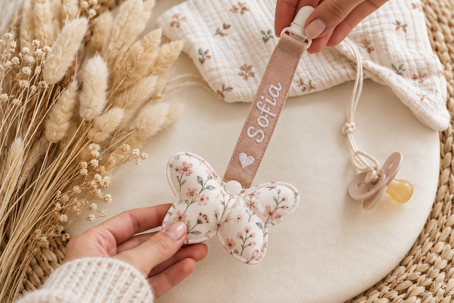 Lanț suzetă personalizat cu nume pentru bebe Mezin Atelier